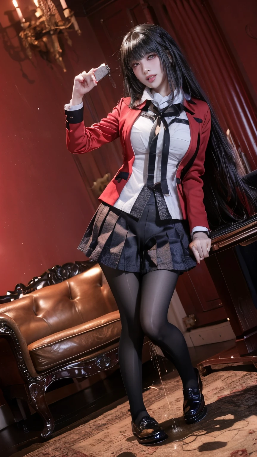 (best quality,masterpiece:1.2),(realistic, photo-realistic:1.4), RAW photo, high resolution, intricate details, extremely detailed, cinematic lighting, (full body, front view, lower angle view, frontal photography, loafers:1.5),, solo, 1girl, (kakegurui yumeko,Yumeko Jabami), a stunning female, (standing with spread legs wide:1.4), detailed face, detailed eyes, long hair, blunt bangs, hime cut, red eyes, red jacket, pantyhose, white shirt, black ribbon, pleated skirt, (peeing self,urine puddle,desperate pose for peeing,desperate face), photo background, indoors,