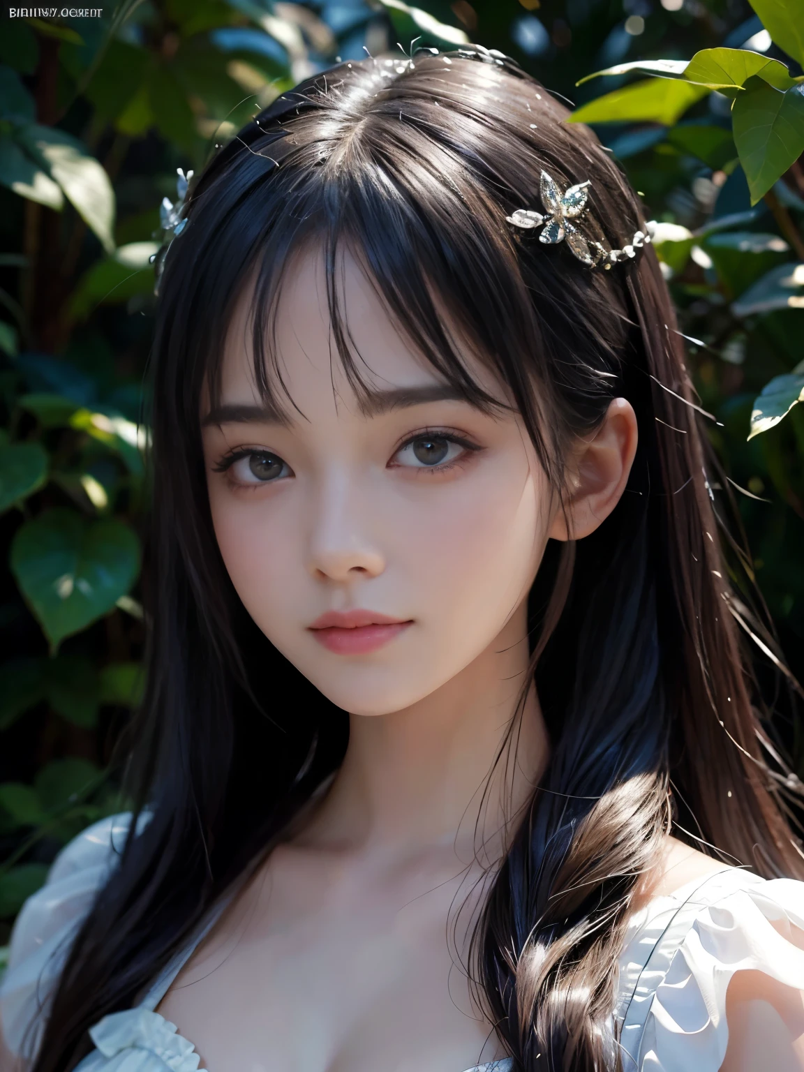 (ultra realistic) , (illustration), (increase resolution), (8K), (extremely detailed), (best illustration), (beautiful detailed eyes), (best quality), (ultra-detailed), (masterpiece), (wallpaper), (detailed face), solo,1 girl, looking at viewers, black straight hair, delicate details, in the dark, deep shadow, low key, pureerosfaceace_v1, happy smile, summer dress, full body, forest