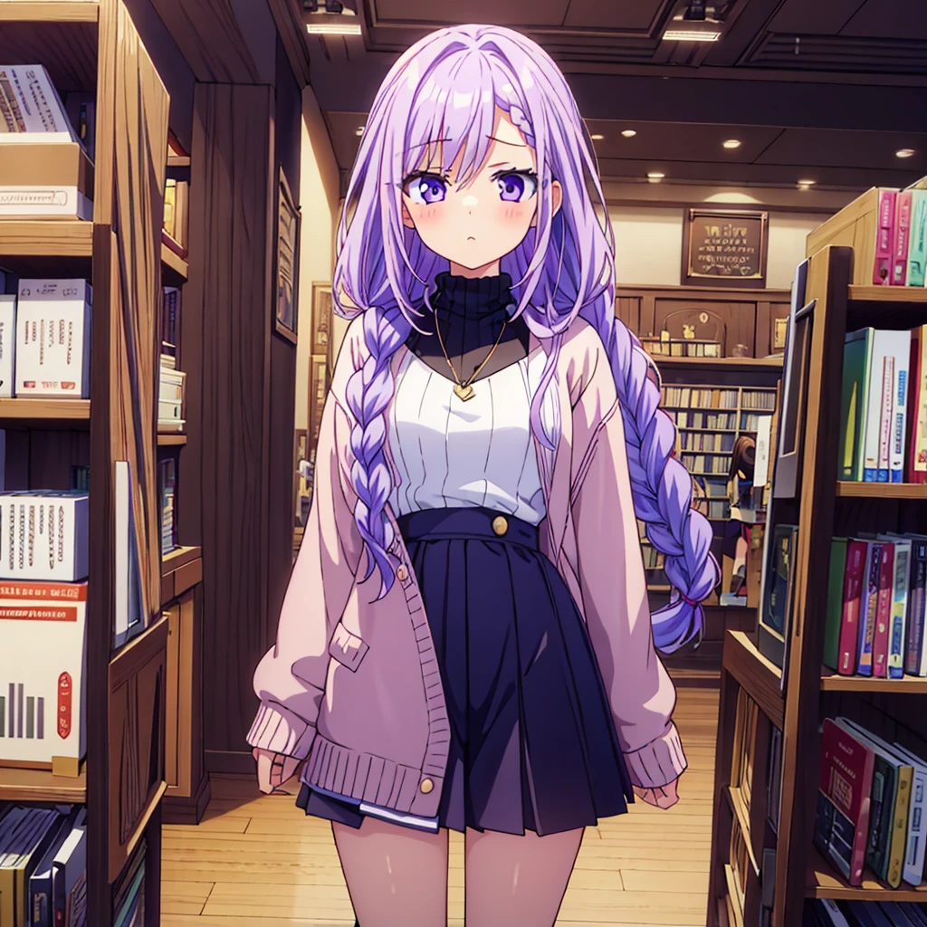 masterpiece, highest quality, One girl, In detail, Light purple hair, Big braided hair, close your eyes, Sleepy face, Clothes: A loose sweater, skirt and stockings, Library in the background