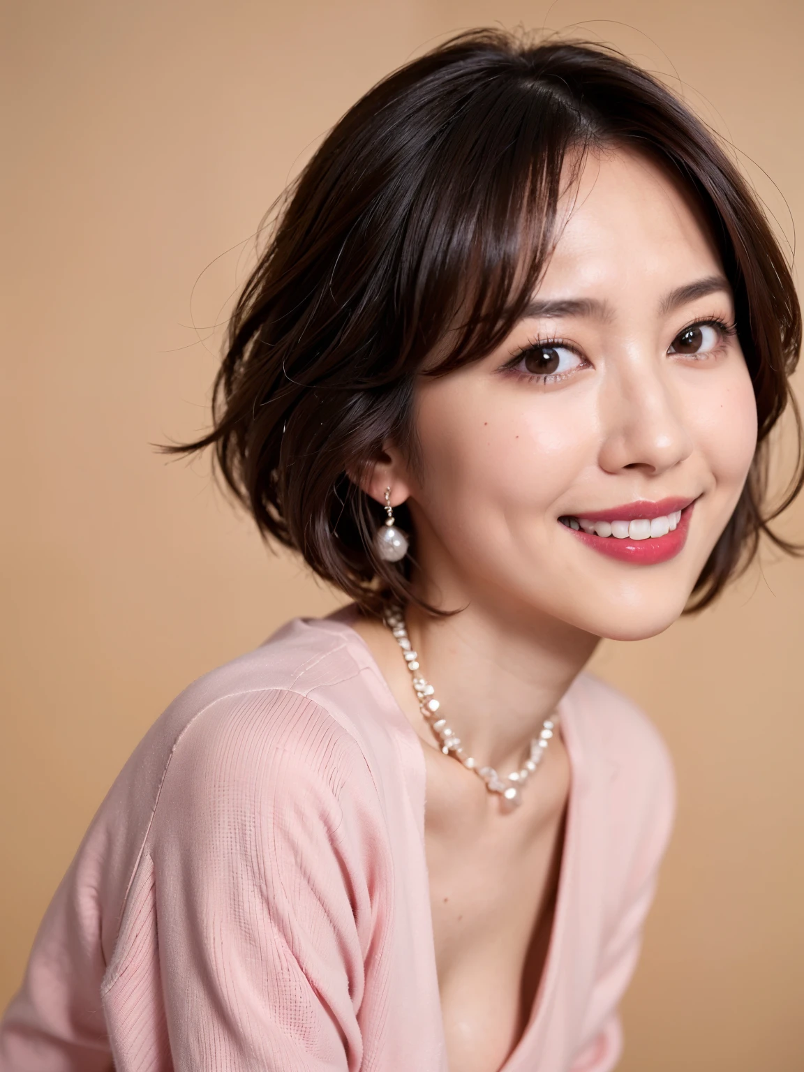 (highest quality, 8k, 32k, masterpiece, Ultra-high resolution:1.2),Beautiful Japanese Women Photos, (D cup breasts),(Standard body shape)、Short black hair、Bob Hair,(Pink Sweater:1.6), necklace, Simple Background, smile、Red lipstick, View your viewers,