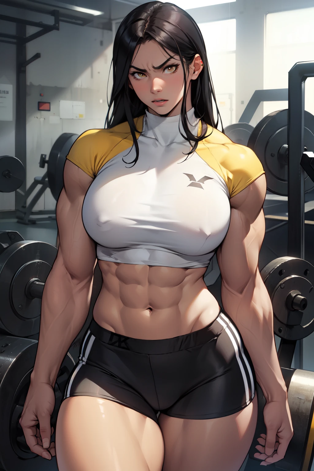 pale skin very long hair 1 girl black hair yellow eyes angry ((1 girl muscular toned body large breasts)) bodybuilder curvy wide hips thick thighs tight shirt huge 