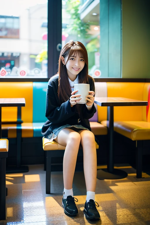 a japanese beautiful girl, , 8k, super detail, best quality, masterpiece, (photorealistic:1.4), Sitting in a coffee shop drinking coffee, (full body:1.5), first-person view,