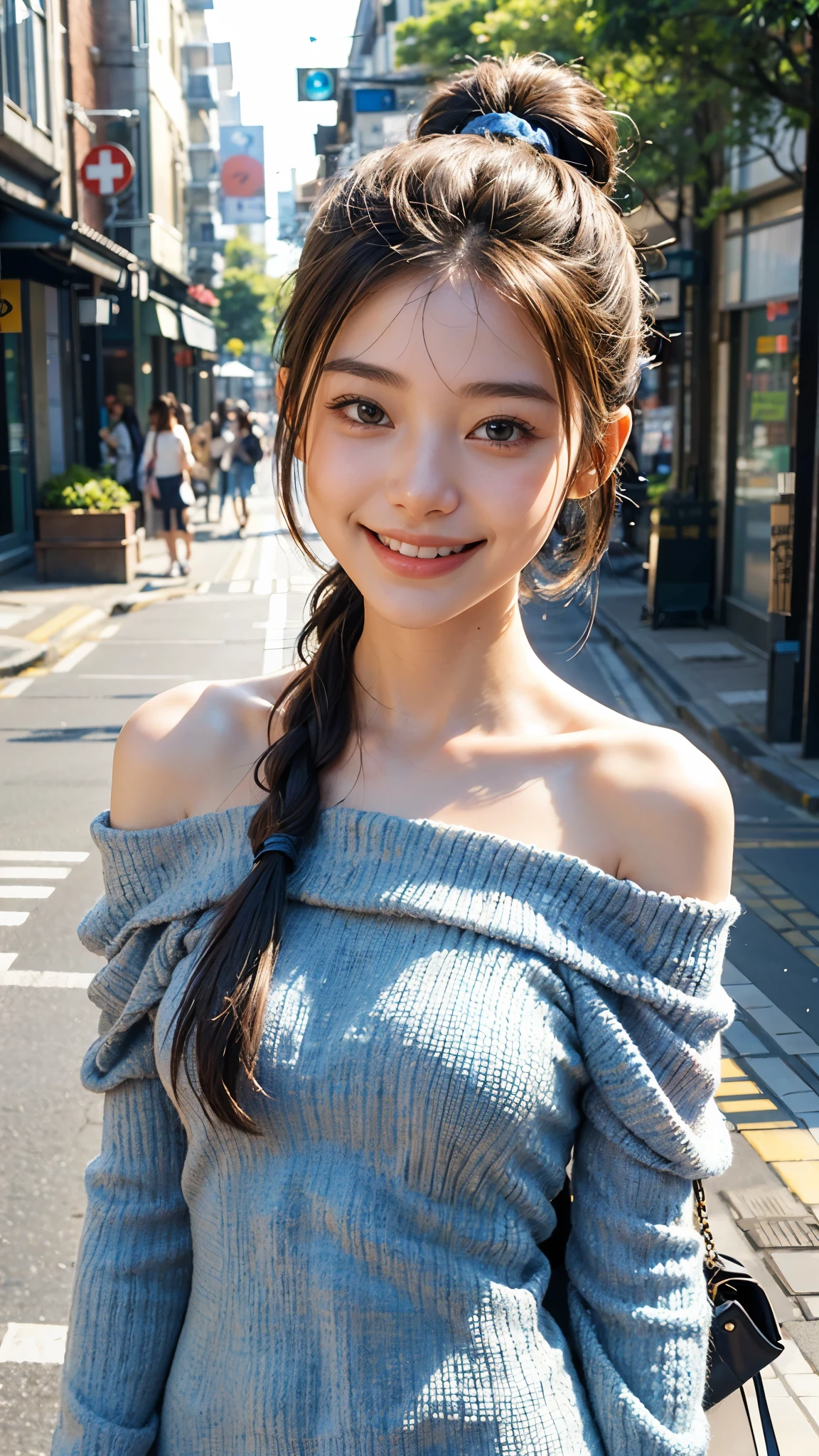 highest quality, masterpiece, Ultra-high resolution, (Realistic:1.4),Cloudy weather, (Close-up portrait) RAW Photos, 1 girl,20-year-old,((Off-the-shoulder blue hemp knit dress)),((Yokohama Motomachi Shopping Street)),((Please look up)),,((Handbags)),Hair Bun,((Lots of shopping)),((Ponytail and Hair Tie)),((Smiling with teeth showing)),((Big smile))