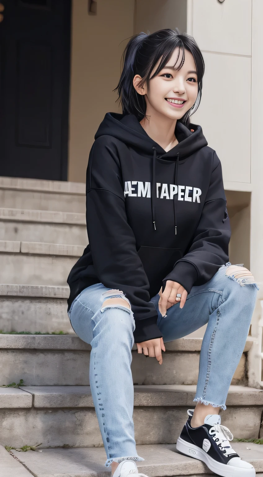 highest quality, Realistic, Very detailed, Finer details, High resolution, 8k wallpaper, One beautiful woman,Sit on the stairs、（Wear black socks）smile、（Beautiful teeth alignment、）（Gums are visible） Oversized hoodie, Skinny jeans,（ Black sneakers）、Black Hair、 Beautiful Bangs、ear piercing、Perfect dynamic composition, Beautiful and detailed, Full Body Shot, A big smile

