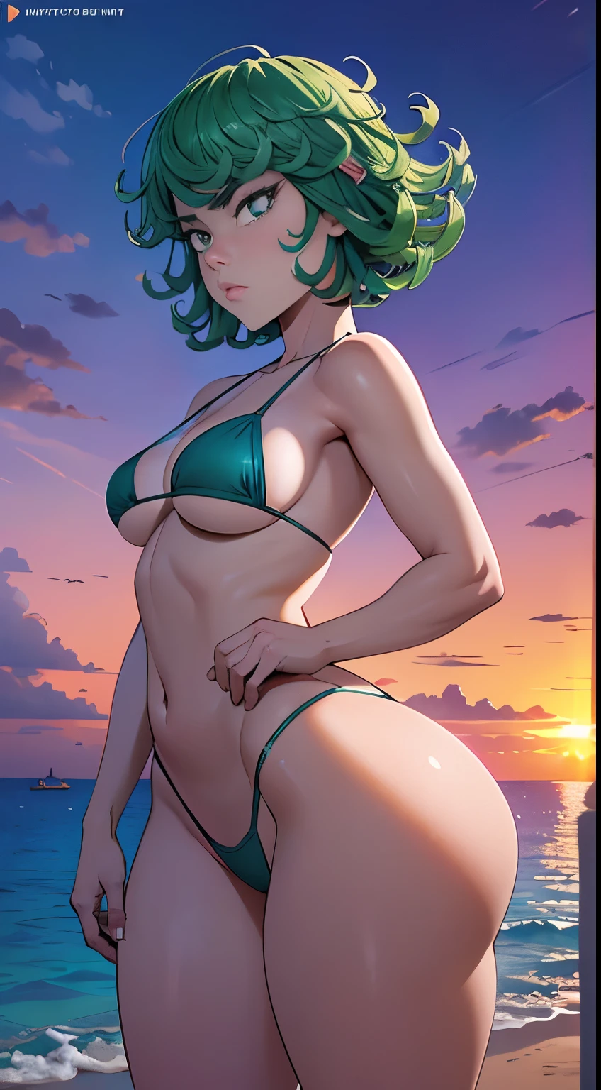 masterpiece, beach sunset scene:1.2), (Tatsumaki from One Punch Man:1.2), (height of 150 centimeters and weight of 47 kg:1.2), (perfectly proportioned body:1.1), (beautiful breasts and shapely, perky buttocks:1.2), (wearing a tastefully tiny thong bikini that accentuates her curves:1.2), (a barely covering bikini top that provides just enough coverage:1.1), (no exaggerations:1.1), (photograph taken at sunset with a captivating backlight against her buttocks:1.3), (capturing a discreet glance towards the camera:1.2), (radiant skin glowing in the golden hour:1.2), (serene and alluring ambiance:1.1) Hyper-detailed, insane details, Beautifully color graded, Unreal Engine, DOF, Super-Resolution,Megapixel, Cinematic Lightning, Anti-Aliasing, FKAA, TXAA, RTX,SSAO,Post Processing, Post Production, Tone Mapping, CGI, VFX, SFX, Insanely detailed and intricate , Hyper maximalist, Hyper realistic, Volumetric, Photorealistic, ultra photoreal, ultra- detailed, intricate details,8K, Super detailed , Full color, Volumetric lightning, HDR, Realistic, Unreal Engine, 16K, Sharp focus. Octane render