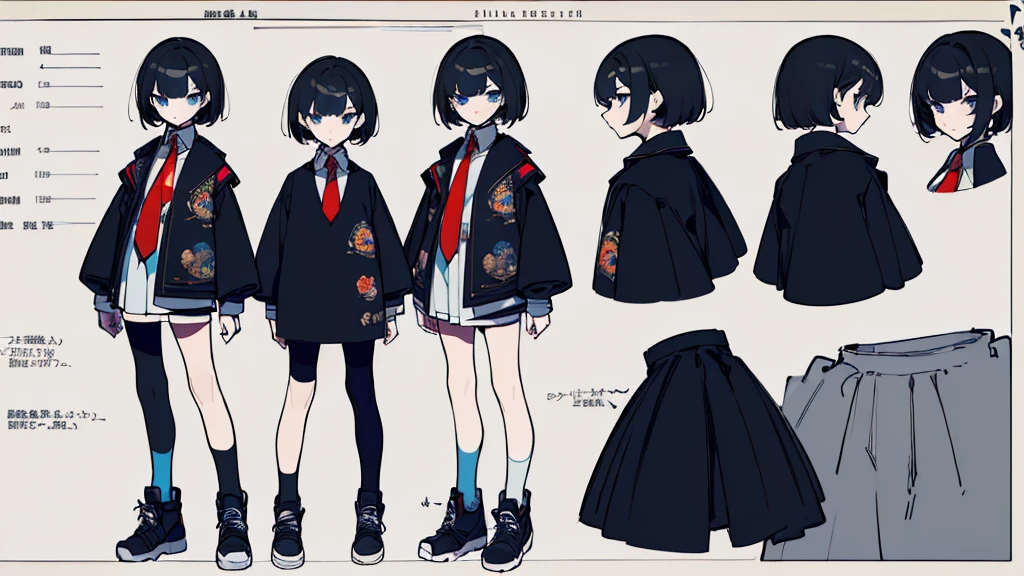 (Masterpiece,Highest quality,(Maximum details),(character design sheet,page,behind,side,All characters are the same.),man,short hair,Tie your hair.,black hair,Wear a .,Wear black sneakers,There are accessories.,blue eyes,(Eye details),15 years old,Height 156cm.