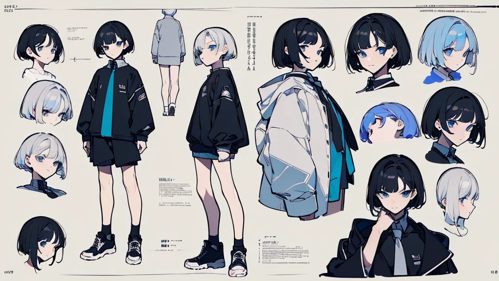 (Masterpiece,Highest quality,(Maximum details),(character design sheet,page,behind,side,All characters are the same.),man,short hair,Tie your hair.,black hair,Wear a .,Wear black sneakers,There are accessories.,blue eyes,(Eye details),15 years old,Height 156cm.