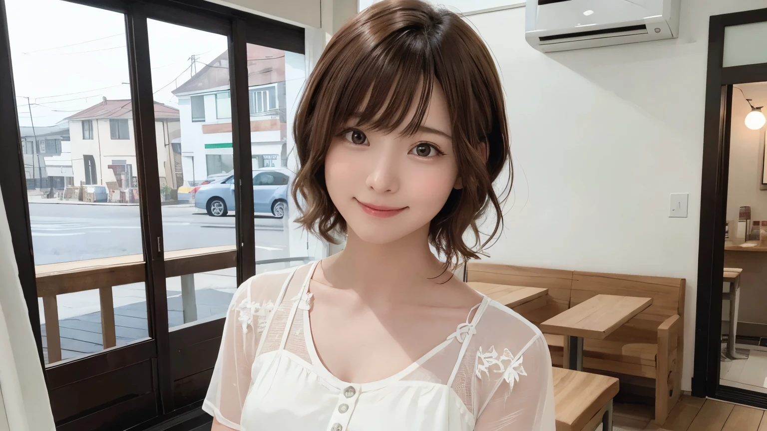 super high quality, Short Hair, Slender, Gravure photoshoot, The staff is working at the counter in the back., (8k、RAW Photos、highest quality、masterpiece:1.2), Japanese Idol, Stylish café, The cafe is crowded with people enjoying themselves., (Realistic、Photorealistic:1.37), Mesh Hair, Urban Cafe, Golden Ratio, Raw photo, Cute face , Light Brown Hair, Small breasts, Bright cafe interior, Blurred Background, Beauty salon model, Spring Clothes, Curly Hair, Beautiful hairstyle, Spoiled, Cafe Terrace, Open Cafe, Smile, Hair blowing in the wind, Neat clothes, 18-year-old, younger sister,