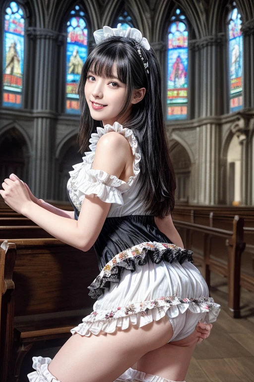 very cute and beautiful girl,(highly detailed beautiful face and eyes),(smile:1.2),
black hair,looking at viewer,stylish pose,beautiful legs,cowboy shot,
floral pattern brown ta dress with detailed frills,
altar,church,indoors,
(best quality,masterpiece),absurdres,highres,ultra-detailed,extremely detailed,32k,8k resolution,
intricate details,cinematic scene,detailed background,solo,dynamic angle,