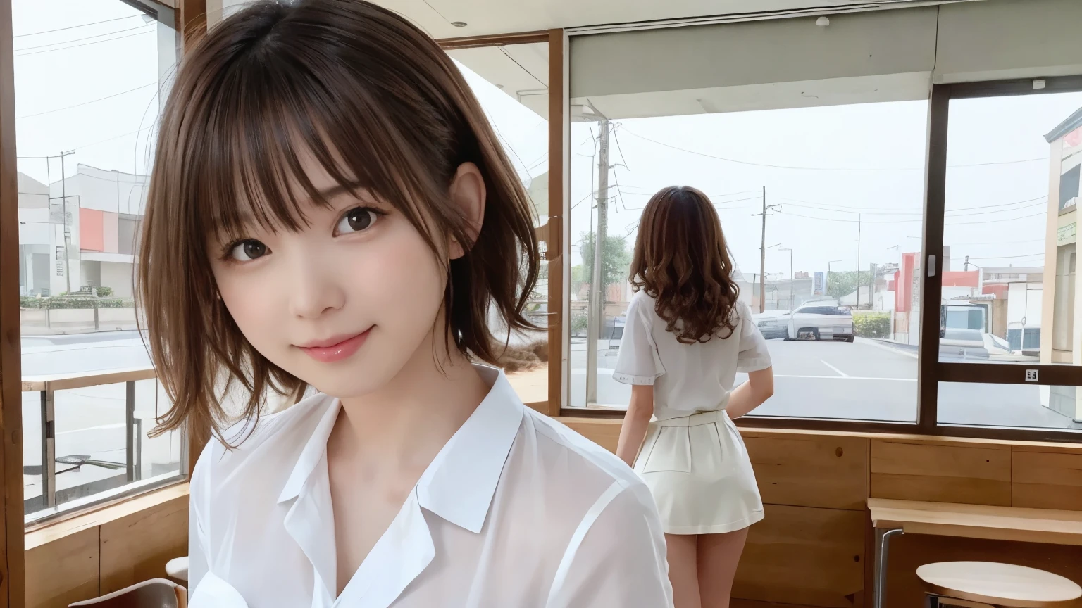 super high quality, Short Hair, Slender, Gravure photoshoot, The staff is working at the counter in the back., (8k、RAW Photos、highest quality、masterpiece:1.2), Japanese Idol, Stylish café, The cafe is crowded with people enjoying themselves., (Realistic、Photorealistic:1.37), Mesh Hair, Urban Cafe, Golden Ratio, Raw photo, Cute face , Light Brown Hair, Small breasts, Bright cafe interior, Blurred Background, Beauty salon model, Spring Clothes, Curly Hair, Beautiful hairstyle, Spoiled, Cafe Terrace, Open Cafe, Smile, Hair blowing in the wind, Neat clothes, 18-year-old, younger sister,