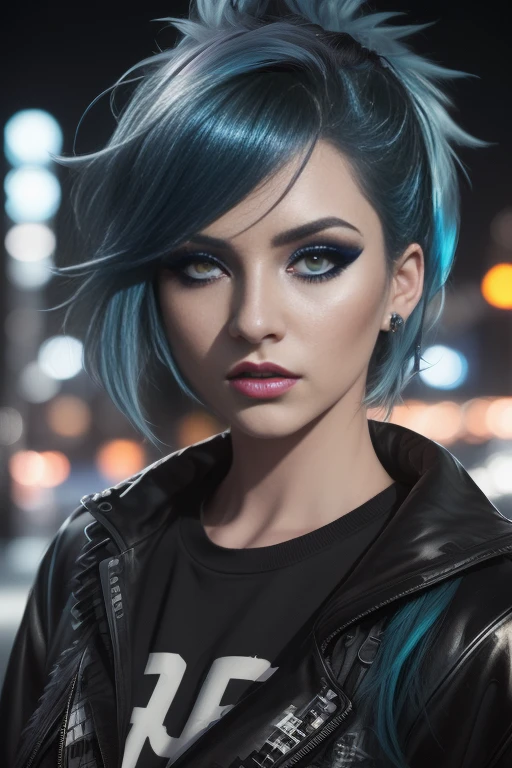 beautiful girl, half body portrait, short bright blue dishevelled hair, black eyeshadow, (street style wear:1.2), (city night background:1.2), dark makeup, digital art, trending on artstation, highly detailed, fine detail, intricate, beautiful detailed glow, detailed, Cinematic light, high-res, detailed facial features, sharp focus, smooth, aesthetic,