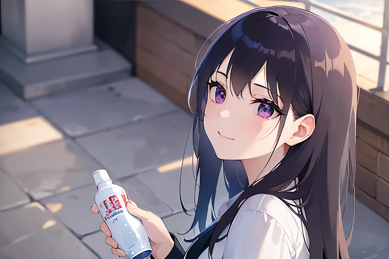 highest quality、masterpiece、 Realistic, real person, (pale skin: 1.2), RAW photo, photorealistic, shiny skin, shiny hair、(A 26-year-old woman with straight hair and bangs) and (medium hair) and (black hair) and (purple eyes) ,(Business casual attire:1.2) 、(worried:1.5)and(smile:1.2)and(Crying face),(Biologically beautiful5Finger)and(Holding bottled water in hand), The background is the station platform.、Alone、Sitting、Shooting from above、looking up