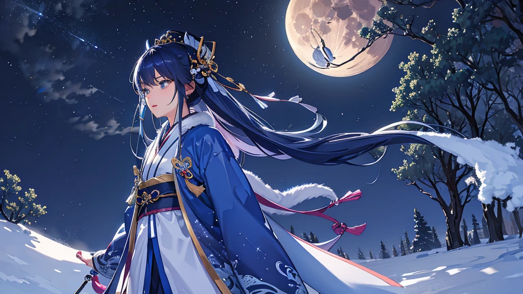 Blue samurai, ghost, walking with a wolfin a haunted village, night sky, full moon, realistic, Full HD, best quality