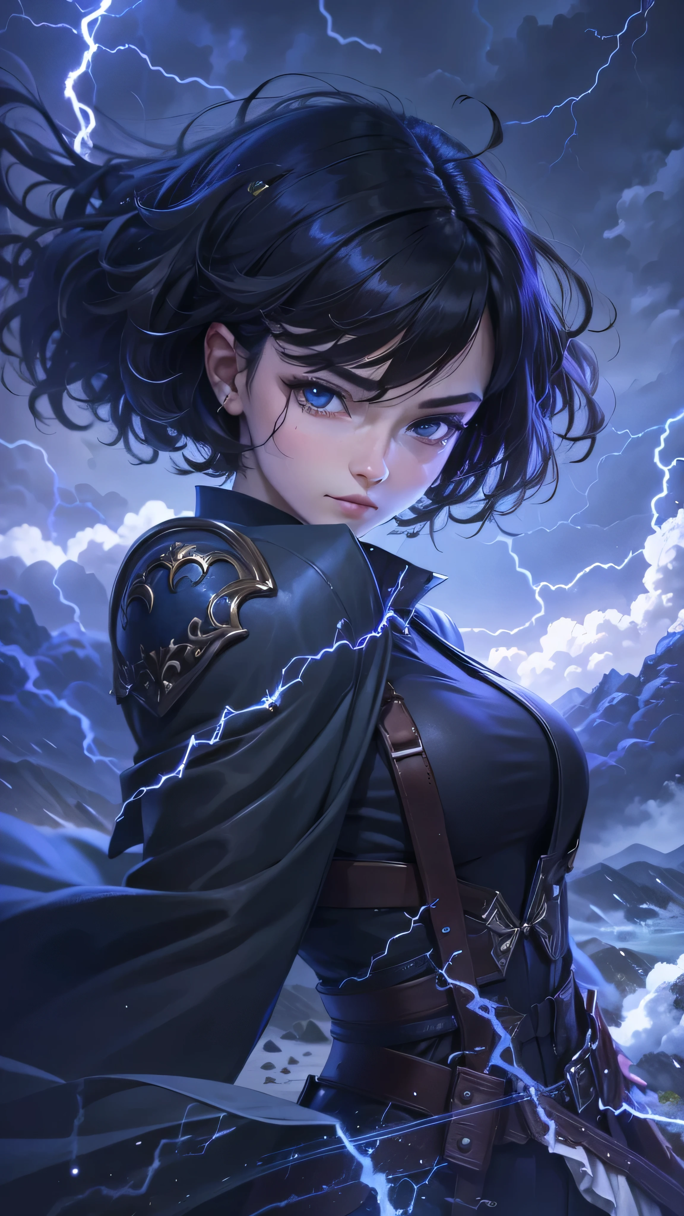 1girl, highly detailed, masterpiece, best quality, correct hands, small breasts, short black hair, short hair, blue eyes, black robe, black pants, purple shirt, blue vest, defined curves, smug look, satisfied look, mountain background, storm, lightning, stormy atmosphere, flying, floating above the ground, surrounded by lightning, static sparks, holding a sword