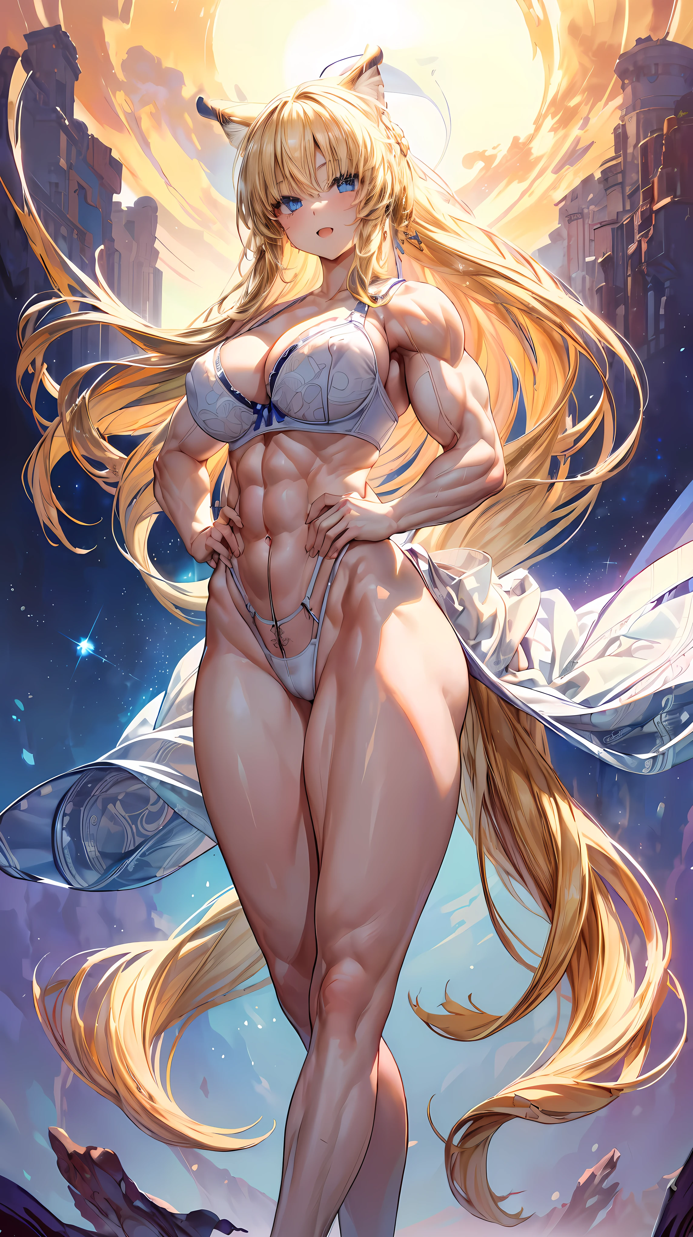 Very detailed、highest quality、Best image quality、masterpiece、8k、Anime Face、A kind smile、(Open your mouth:1.3)、Sparkling blue eyes、(Blonde semi-long hair:1.5)、(Muscles of the whole body:1.3)、(highleg:2.0)、Thigh belt、(Cowboy Shot:1.5)、(SFW Giant)、(Thick body:1.2)、(bra:1.5)、(sxspnts)、(Hands on hips:1.1)