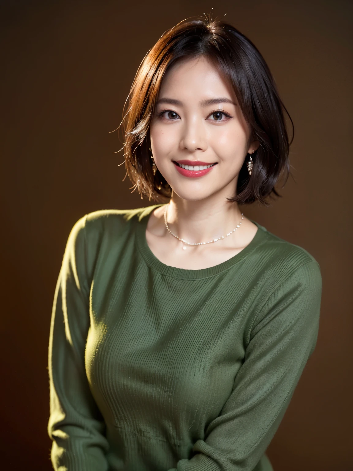 (highest quality, 8k, 32k, masterpiece, Ultra-high resolution:1.2),Beautiful Japanese Women Photos, （D cup breasts）,（Standard body shape）、Short black hair、Bob Hair,（Green Sweater:1.6), necklace, Simple Background, smile、Red lipstick, View your viewers,