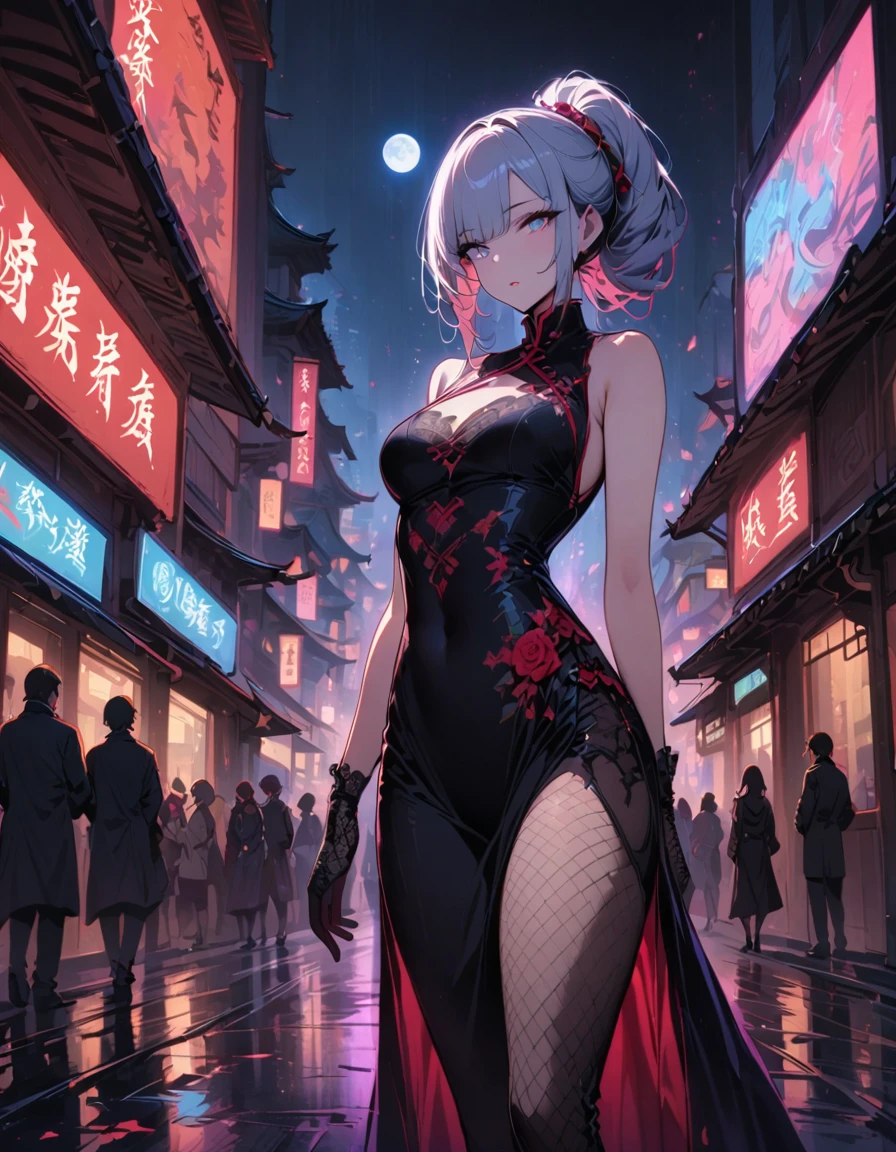 masterpiece, the best, night, full moon, 1 adult female, chinese architecture, tight China dress, tight chinese costume, royal sister, cold face, poker face, Woman with long silver hair, pale pink lips, Fishnet tights, Calm, Knowledgeable person, three bangs, lace gloves, grey eyes, Street view, facial details, beautiful eyes, eyes full of details), (masterpiece, best quality, highres)