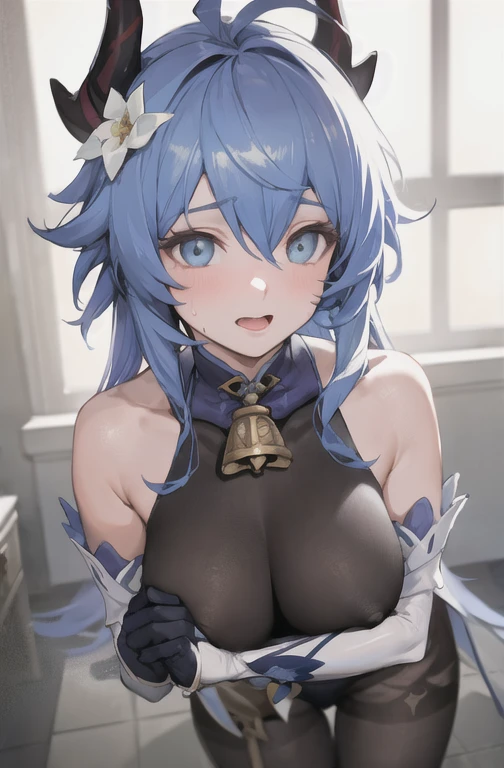 (photoRealistic:1.4), (masterpiece, Side light, Beautiful, detailed eyes: 1.2), masterpiece*Portraiture, Realistic, 3D Face, 
Hired \(Genshin Impact\), One girl, Ahoge, architecture, bangs, Exposing shoulders, Bell, black gloves, Black Pantyhose, (Blue Hair), blush, chest, Chinese knot, Removable sleeves, Flower knot, gloves, horn, Long Hair, View your viewers, medium chest, neck Bell,Sweating profusely,Embarrassed,Open your mouth,Sticking out tongue,Large areola,Transparent nipples,side