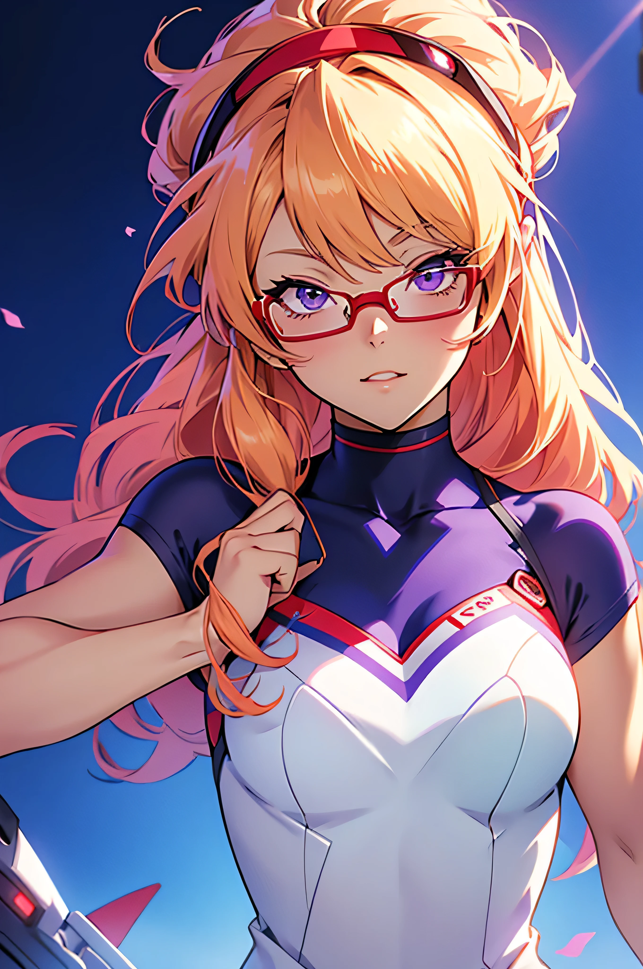 anime,An illustration,purple robot,Mobile Suit,Dom,Light blue check dress,Red glasses,Blonde,Light blue mesh hair,beautiful girl,Sora Sakurano,one person