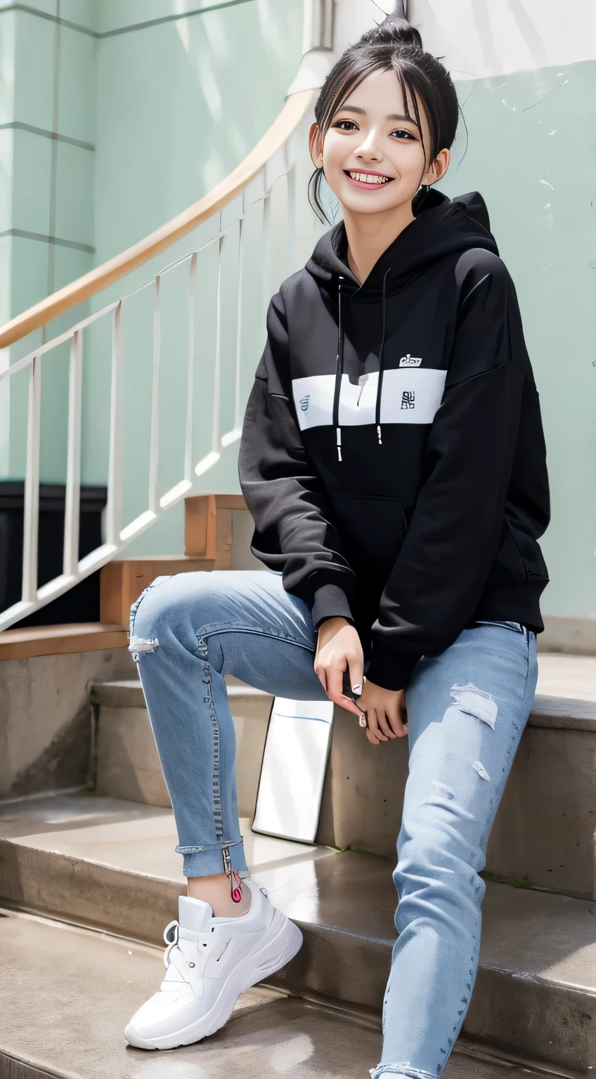 highest quality, Realistic, Very detailed, Finer details, High resolution, 8k wallpaper, One beautiful woman,Sit on the stairs、(Wear black socks)smile、(Beautiful teeth alignment、)(Gums are visible) Oversized hoodie, Skinny jeans,( Black sneakers)、Black Hair、 Beautiful Bangs、ear piercing、Perfect dynamic composition, Beautiful and detailed, Full Body Shot, A big smile