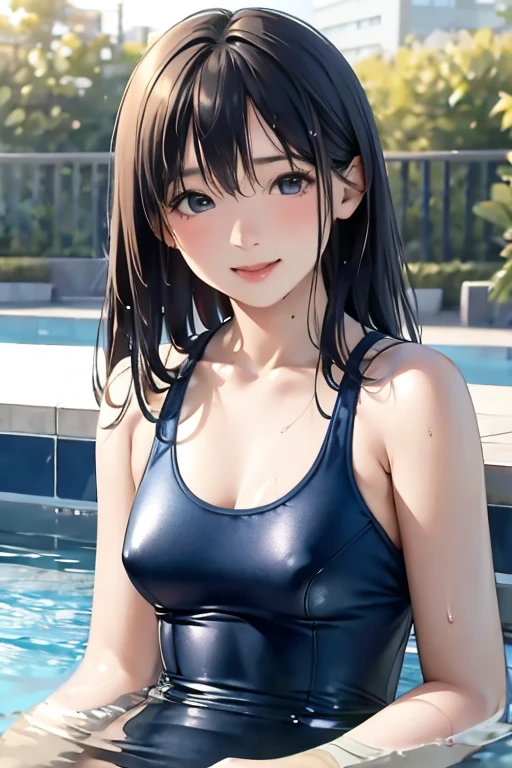 (8K), (highest quality: 1.2), (Realistic), (Realistic: 1.37), Ultra-high resolution,1 Japanese female,Night Pool,Sit by the pool,A radiant smile,Clear unevenness,Slender,Wet navy blue one-piece swimsuit,Realistic clothing wrinkles,Wet straight hair,Beautiful water splashes,whole body,Shoulder straps,Protruding nipples