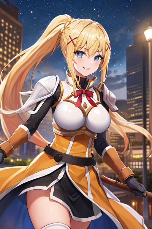 highest quality, High resolution, One girl, Long Hair, Blonde, x hair ornaments, armor, blue eyes, ponytail, hair ornaments, gloves, shoulder armor, Braiding, black gloves, Scapula, White boots, darkness \(KonoSuba\), Large Breasts, Cowboy Shot, city, Outdoor, smile,