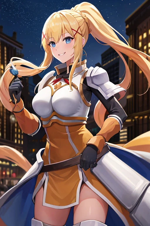 highest quality, High resolution, One girl, Long Hair, Blonde, x hair ornaments, armor, blue eyes, ponytail, hair ornaments, gloves, shoulder armor, Braiding, black gloves, Scapula, White boots, darkness \(KonoSuba\), Large Breasts, Cowboy Shot, city, Outdoor, smile,