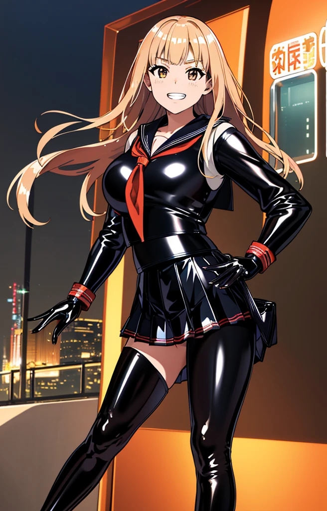 official art, Highly detailed CG Unity 8K wallpaper, highest quality, masterpiece, High resolution,shiny latex thigh-high boots, Brown straight long hair, brown belt,  leather shoulder bag、latex gloves,  (shiny latex sailor suit:1.6)、（Latex School Uniform)、(shiny latex pleated skirt:1.6)、 Leather texture, full body photo, melon face, small face, （big breasts）、（grinning grin）、（latex high heels）、tread on、kicking