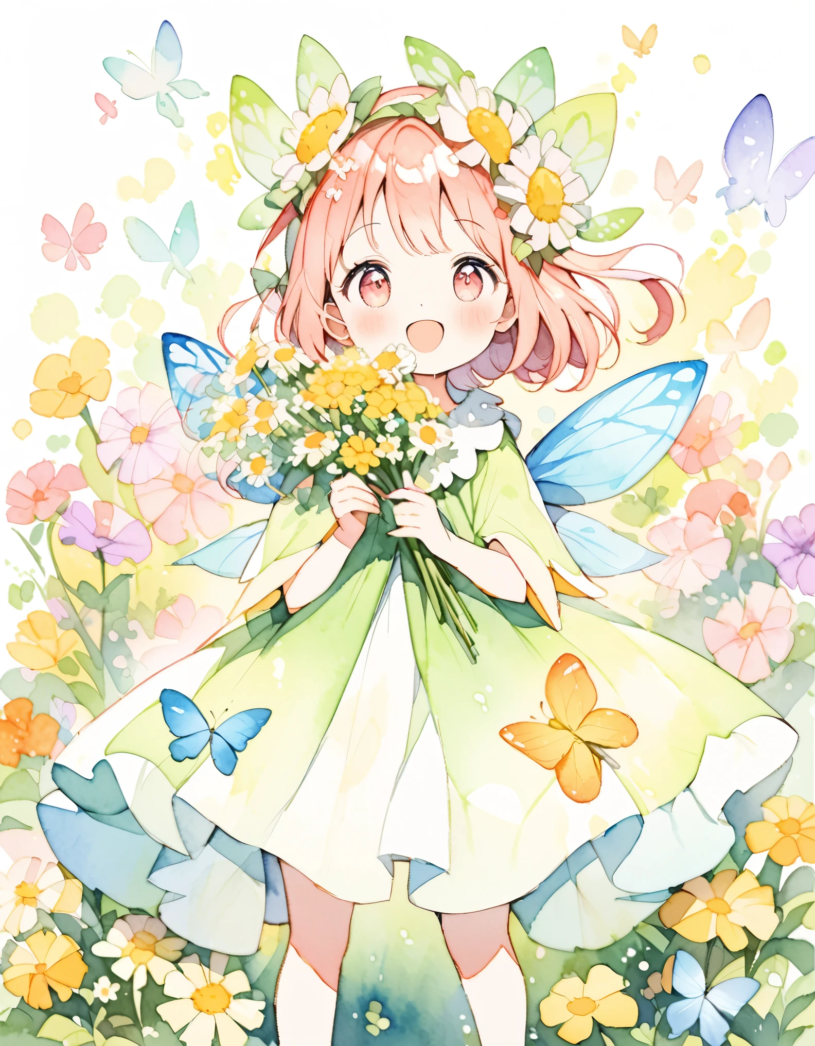 Beautiful girl in a fairy costume, She becomes an idol and sings surrounded by flowers and butterflies.. Holding flowers, sing, content:Watercolor. style:Whimsical and delicate, Like an illustration in a children&#39;s book.