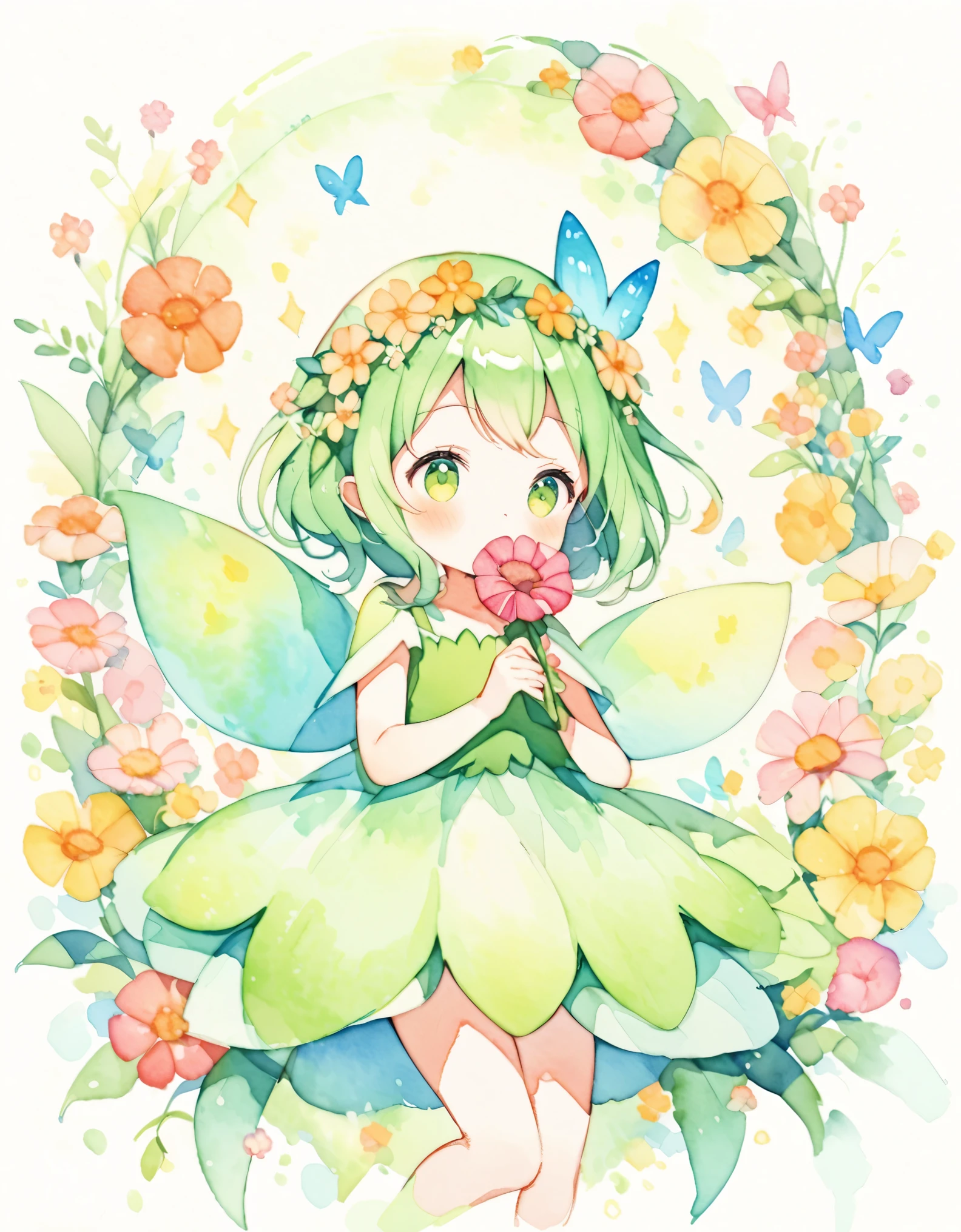 Beautiful girl in a fairy costume, She becomes an idol and sings surrounded by flowers and butterflies.. Holding a flower microphone, sing, content:Watercolor. style:Whimsical and delicate, Like an illustration in a children&#39;s book.