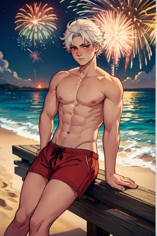 A young white haired man with red eyes in a swim trunks is watching fireworks with a blush at the beach