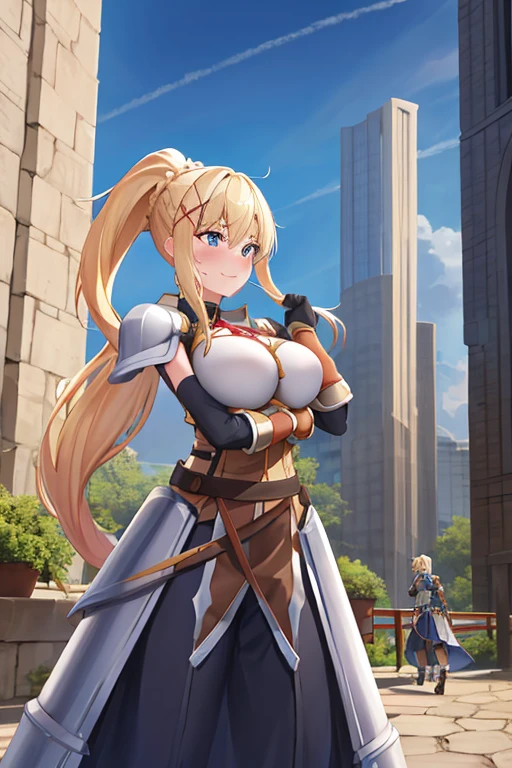 highest quality, High resolution, One girl, Long Hair, Blonde, x hair ornaments, armor, blue eyes, ponytail, hair ornaments, gloves, shoulder armor, Braiding, black gloves, Scapula, White boots, darkness \(KonoSuba\), Large Breasts, Cowboy Shot, city, Outdoor, Embarrassed,