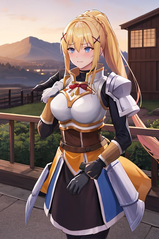 highest quality, High resolution, One girl, Long Hair, Blonde, x hair ornaments, armor, blue eyes, ponytail, hair ornaments, gloves, shoulder armor, Braiding, black gloves, Scapula, White boots, darkness \(KonoSuba\), Large Breasts, Cowboy Shot, city, Outdoor, Embarrassed,