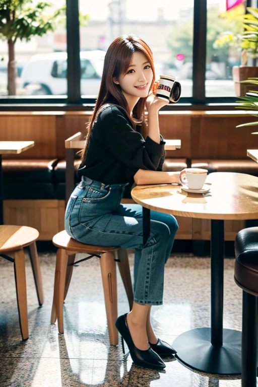 a japanese beautiful woman, 25 years old, 8k, super detail, best quality, masterpiece, (photorealistic:1.4), Sitting in a coffee shop drinking coffee, (full body:1.5), first-person view,