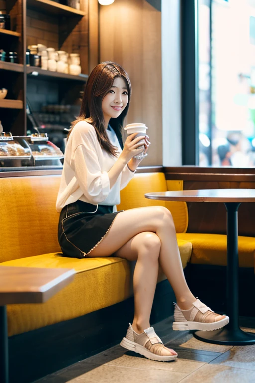 a japanese beautiful woman, 25 years old, 8k, super detail, best quality, masterpiece, (photorealistic:1.4), Sitting in a coffee shop drinking coffee, (full body:1.5), first-person view,