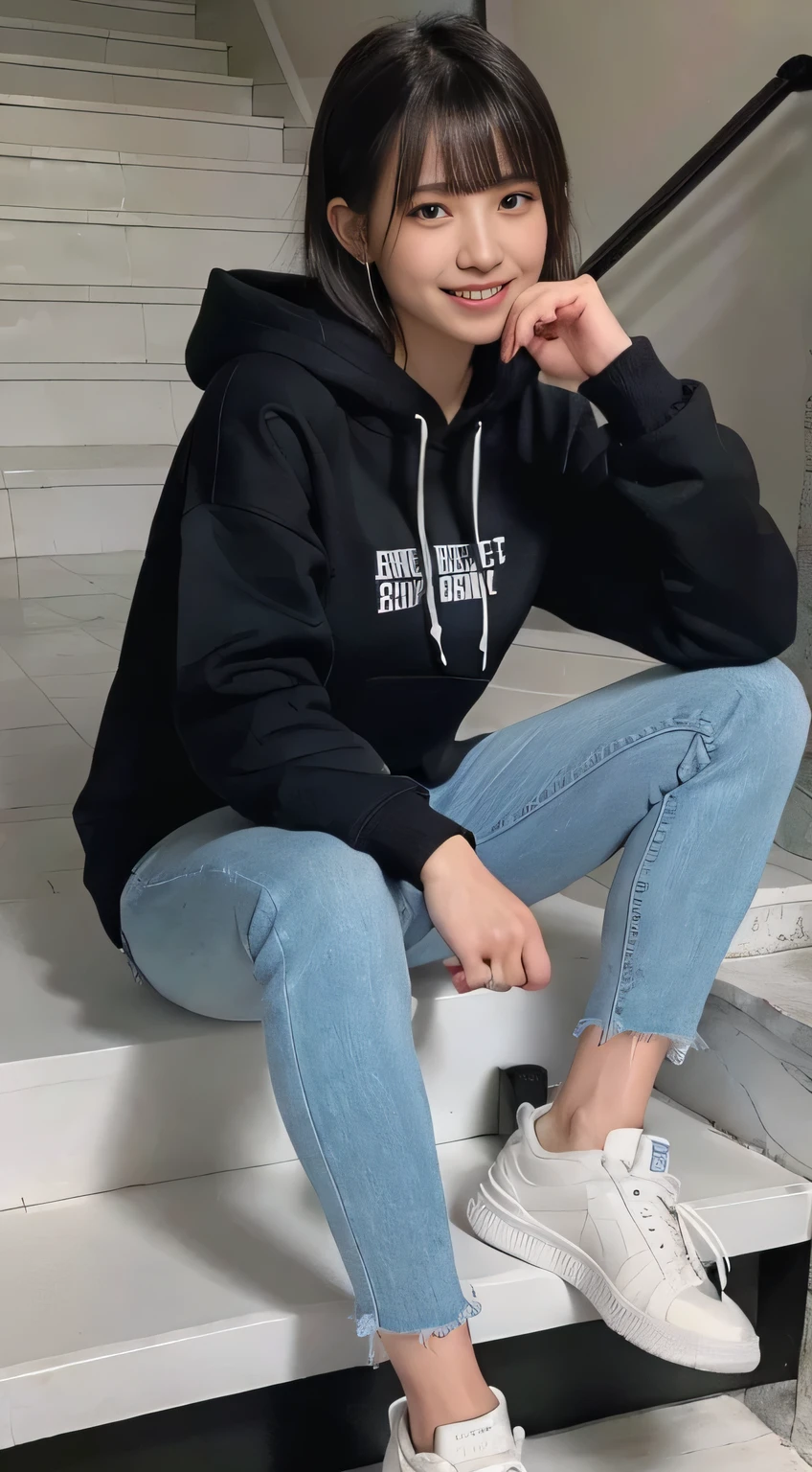 highest quality, Realistic, Very detailed, Finer details, High resolution, 8k wallpaper, One beautiful woman,Sit on the stairs、(Wear black socks)smile、(Beautiful teeth alignment、)(Gums are visible) Oversized hoodie, Skinny jeans,( Black sneakers)、Black Hair、 Beautiful Bangs、ear piercing、Perfect dynamic composition, Beautiful and detailed, Full Body Shot, A big smile