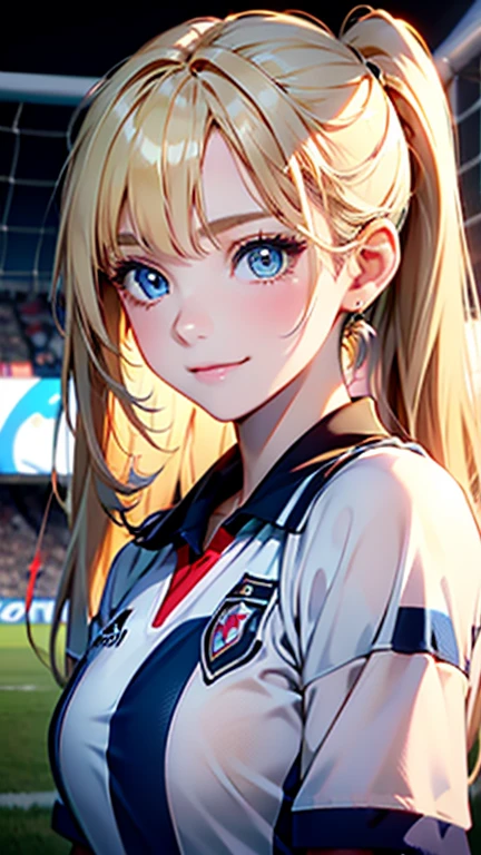 Best quality , masterpiece, Portrait、、Bright expression、ponytail、Young, shiny, white, glossy skin、Gloss Face、Shining Cheek Gloss、Small Face Beauty、The best beauty、The dazzling light of blonde hair、Bright blonde hair with dazzling highlights、Very beautiful shiny light blonde hair、super long silky straight hair、Her shiny, beautiful bangs are covering her eyes.、Sparkling, clear, attractive, bright, large, pale blue eyes、Very big eyes、eyeliner、very beautiful lovely cute 16 year old girl、Ample Bust, upper body , smile , ((((soccer uniform ))))