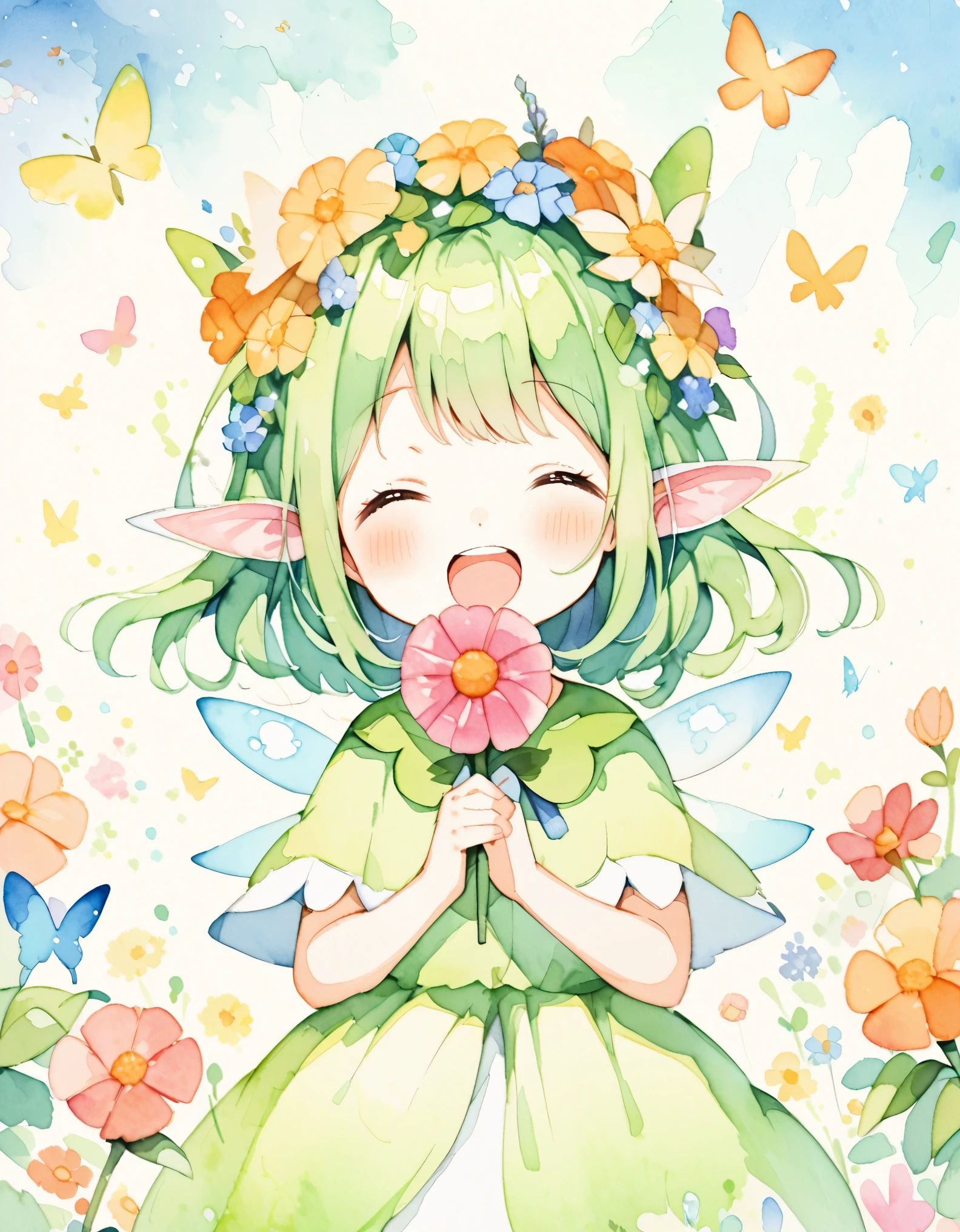 Beautiful girl in a fairy costume, She becomes an idol and sings surrounded by flowers and butterflies.. ((Holding a flower microphone)), sing, content:Watercolor. style:Whimsical and delicate, Like an illustration in a children&#39;s book.