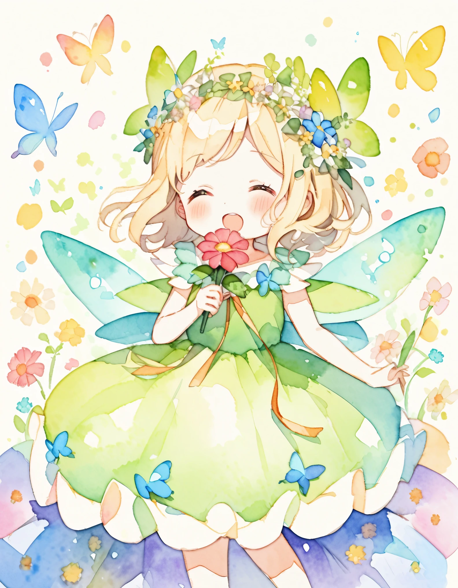 Beautiful girl in a fairy costume, She becomes an idol and sings surrounded by flowers and butterflies.. ((Holding a flower microphone)), sing, content:Watercolor. style:Whimsical and delicate, Like an illustration in a children&#39;s book.