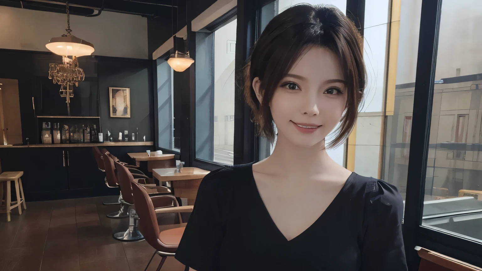 super high quality, Short Hair, Slender, Gravure photoshoot, The staff is working at the counter in the back., (8k、RAW Photos、highest quality、masterpiece:1.2), Japanese Idol, Stylish café, The cafe is crowded with people enjoying themselves., (Realistic、Photorealistic:1.37), Mesh Hair, Urban Cafe, Golden Ratio, Raw photo, Cute face , Light Brown Hair, Small breasts, Bright cafe interior, Blurred Background, Beauty salon model, Spring Clothes, Curly Hair, Beautiful hairstyle, Spoiled, Cafe Terrace, Open Cafe, Smile, Hair blowing in the wind, Neat clothes, 18-year-old, younger sister,