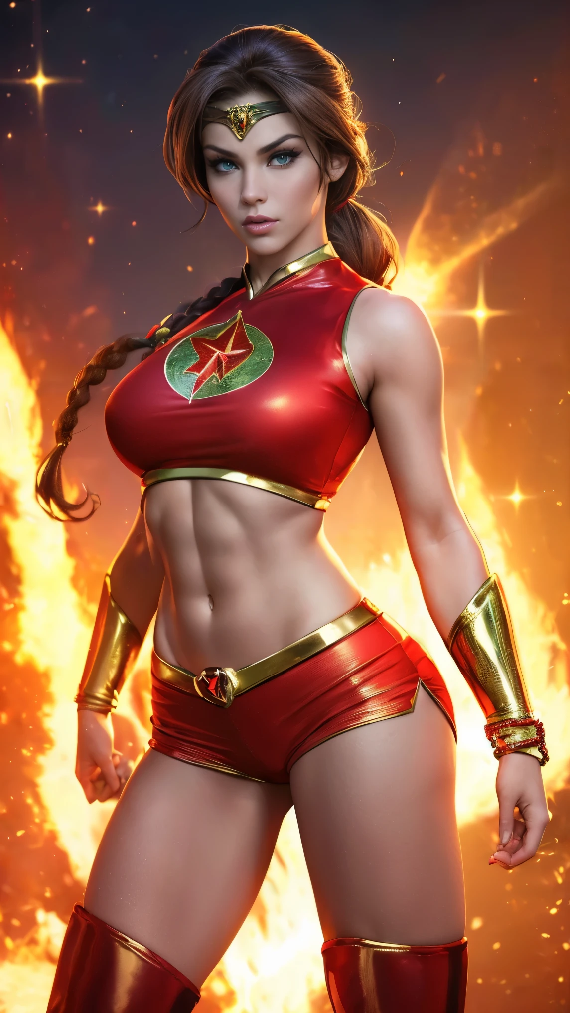 (best quality,4k,8k,highres,masterpiece:1.2),ultra-detailed,(realistic,photorealistic,photo-realistic:1.37),,superhero,sexy ,( beautiful female superheroine ,braided ponytail , red sleeveless crop shirt, with a golden Star, midriff wears (a golden tiara with a red gem on forehead) , golden bracelets, long red boots, and small red shorts) (Venus Star) (tiara) (green eyes) UHD (seductive look) (in battle)