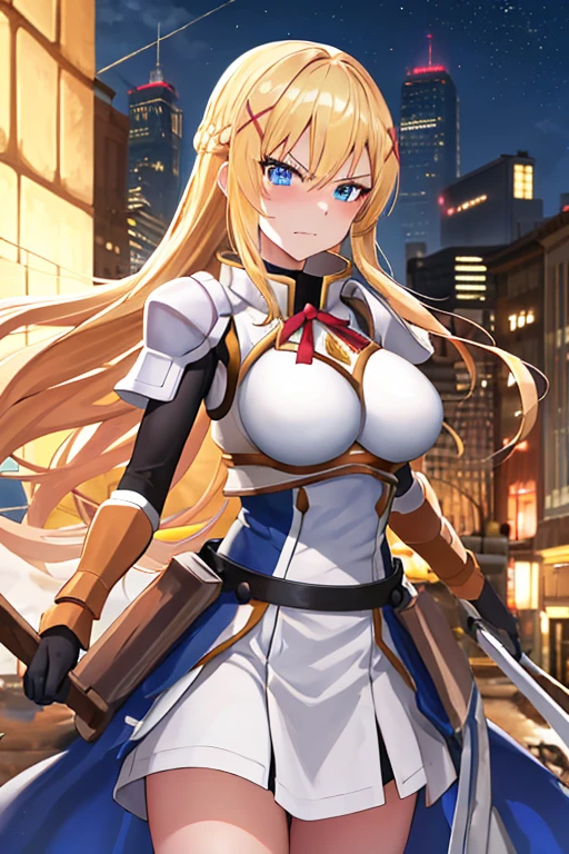 highest quality, High resolution, One girl, Long Hair, Blonde, x hair ornaments, armor, blue eyes, long hair, hair ornaments, gloves, shoulder armor, Braiding, black gloves, Scapula, White boots, darkness \(KonoSuba\), Large Breasts, Cowboy Shot, city, Outdoor, Angry face,