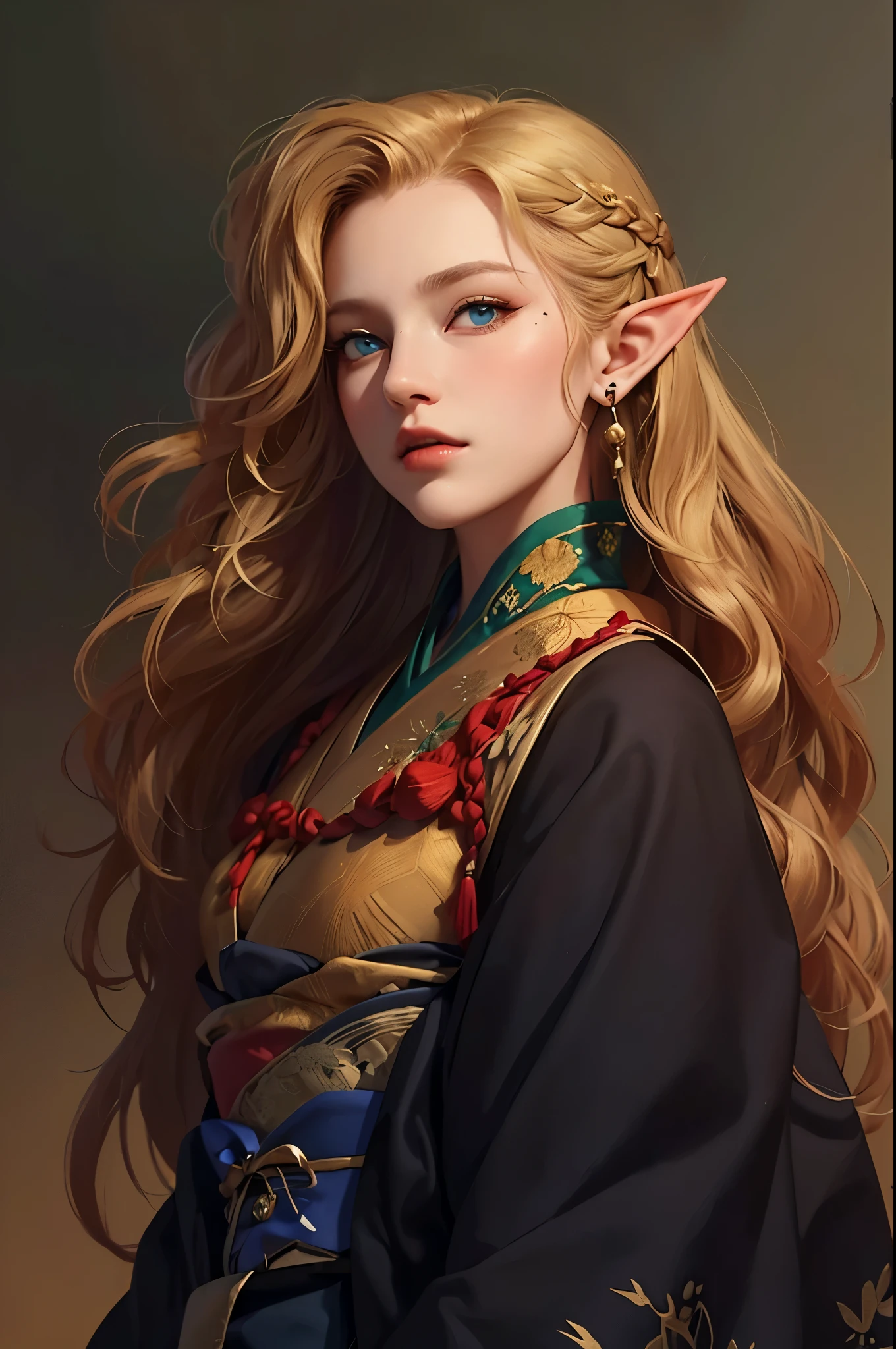 ((Best Quality, Ultra Detailed)), epic fantasy digital artwork, masterwork, High Resolution, Guweiz style art, Guweiz, correct anatomy, a 25 year old mature woman, pale skin, perfect body, incomparable beauty, ((((has long blonde hair)))), Perfect face, charming face, (((blue eyes))), Elf, elven woman, (((pointy ears))), ((((she wears a traditional Japanese kimono, beautiful and discreet, green and gold, made of richly embroidered silk, long puffy sleeves)))), facing the viewer, RPG character image, Empty background, white background, 4k, character design, generate with SFW