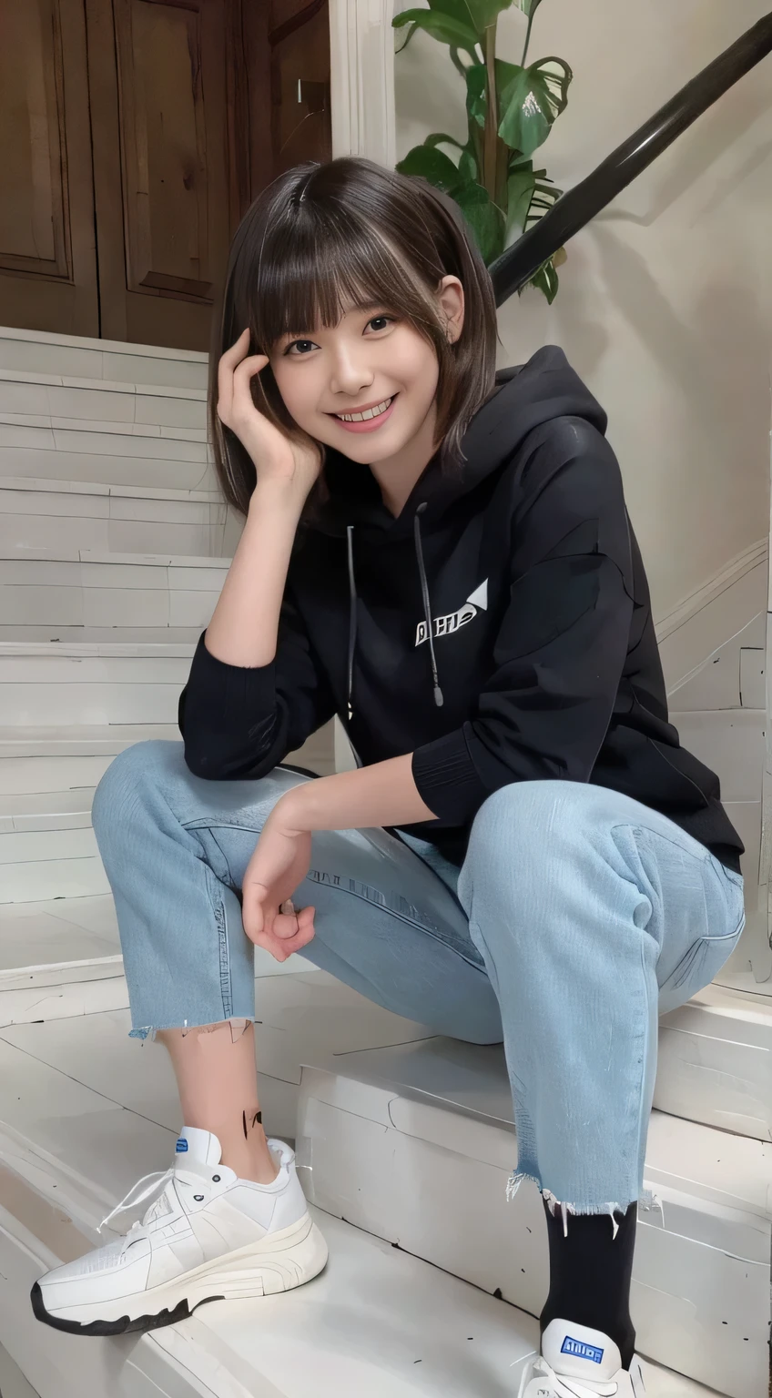 highest quality, Realistic, Very detailed, Finer details, High resolution, 8k wallpaper, One beautiful woman,Sit on the stairs、（Wear black socks）smile、（Beautiful teeth alignment、）（Gums are visible） Oversized hoodie, Skinny jeans,（ Black sneakers）、Black Hair、 Beautiful Bangs、ear piercing、Perfect dynamic composition, Beautiful and detailed, Full Body Shot, A big smile
