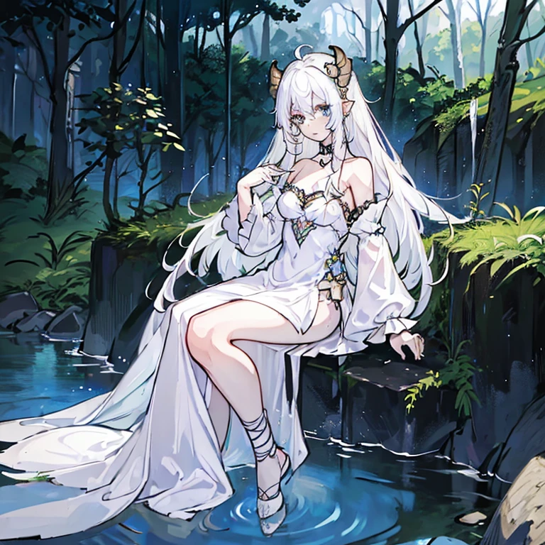 ((masterpiece)), ((bestquality)), (ultra-detailed), 1 girl, white hair, blue eyes, sitting in a creek, detailed face, dragonian_head, dragonian_body, dragonian_hairstyle, dragonian_horns, dragonian_tail, white long dress, black choker, silver circlet, creek, forest, clear line