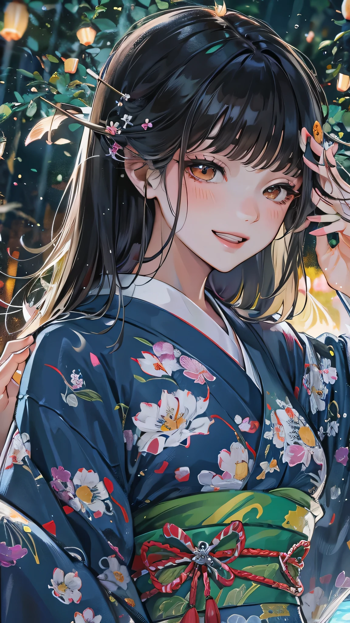 ((Summer Japanese clothing style)) (in a cute summer Kimono with Iris sanguinea), (solo blunt bangs black hair long hair sexy girl, 15, yo, sexy closed eyes, lovely smile), break, (((in the Lake with dancing fireflies in night))), fantastic mood, perfect anatomy, masterpiece, best quality, 16k.