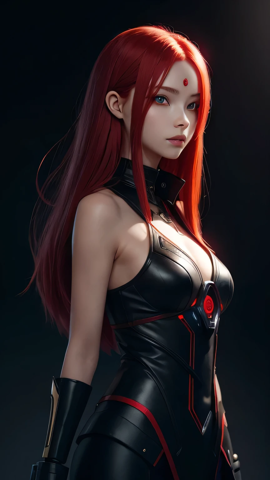 Girl with long red hair, Red Eyes, futuristic vibe, Wear a mask on your mouth, earphone, 8k, high quality, Simple background, Glowing eyes, Beautiful posture