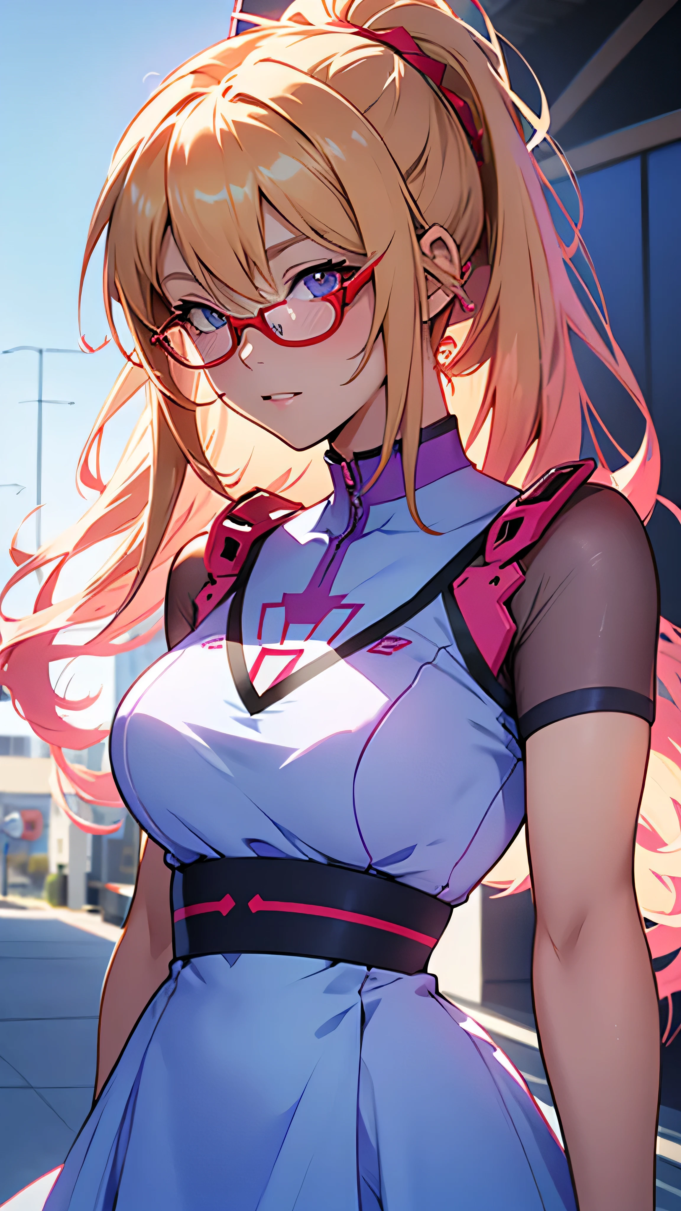 anime,An illustration,purple robot,Mobile Suit,Dom,Light blue check dress,Red glasses,Blonde,Light blue mesh hair,beautiful girl,Sora Sakurano,one person