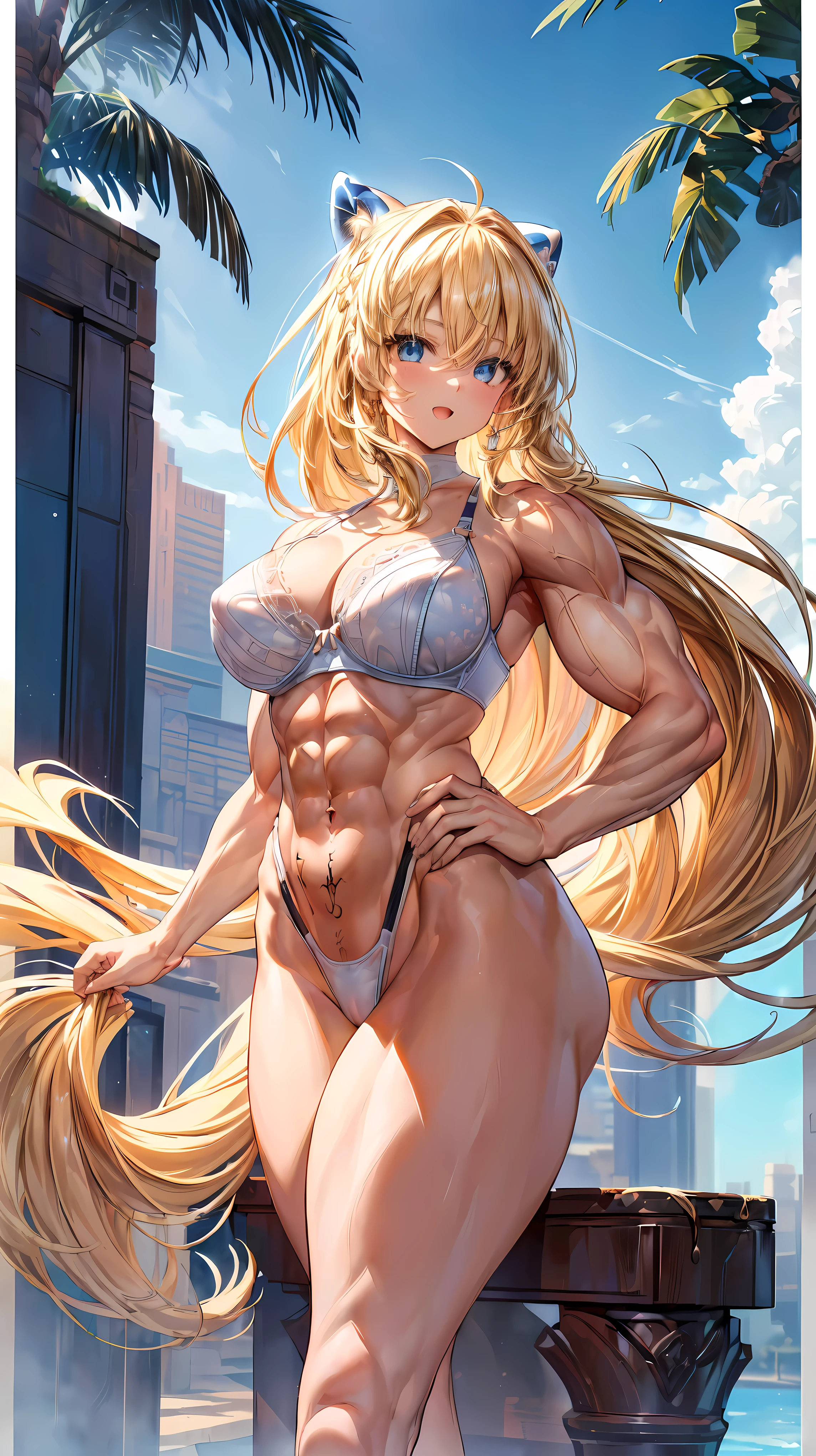 Very detailed、highest quality、Best image quality、masterpiece、8k、Anime Face、A kind smile、(Open your mouth:1.3)、Sparkling blue eyes、(Blonde semi-long hair:1.5)、(Muscles of the whole body:1.3)、(highleg:2.0)、Thigh belt、(Cowboy Shot:1.5)、(SFW Giant)、(Thick body:1.2)、(bra:1.5)、(sxspnts)、(Hands on hips:1.1)