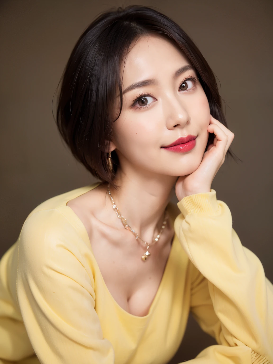 (highest quality, 8k, 32k, masterpiece, Ultra-high resolution:1.2),Beautiful Japanese Women Photos, (D cup breasts),(Standard body shape)、Short black hair、Bob Hair,(Green Sweater:1.6), necklace, Simple Background, smile、Red lipstick, View your viewers,